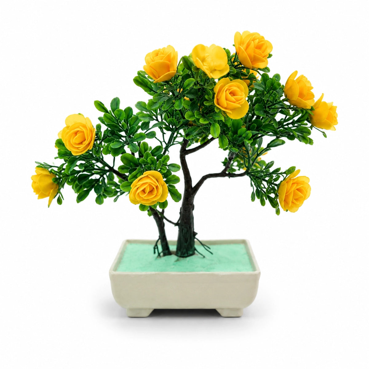 Artificial Yellow Rose Bonsai Plant in Cream Rectangle Pot – Pack of 2