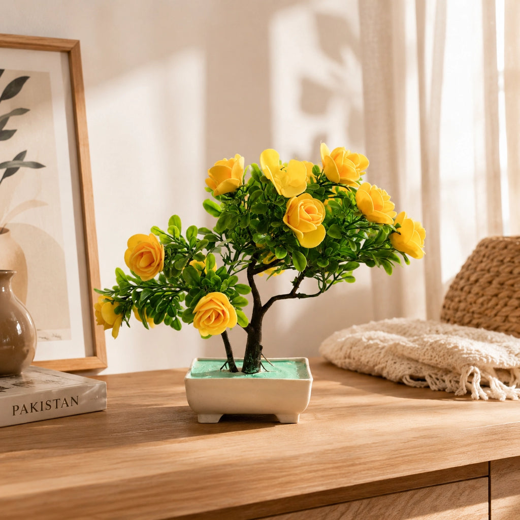 Artificial Yellow Bonsai Plant in Cream Rectangle Pot – Pack of 2 lifestyle