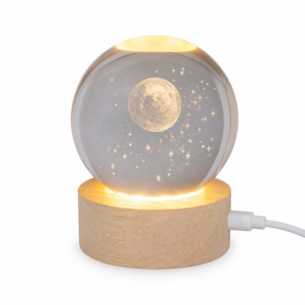 Moon design crystal ball night lamp with wood-tone base — assorted design