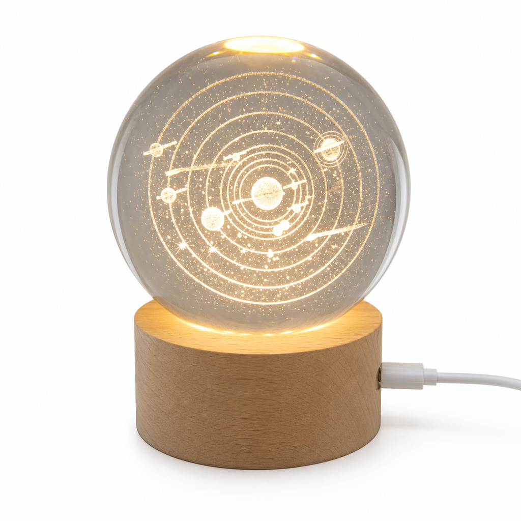 Solar system design crystal ball night lamp with wood-tone base — assorted design
