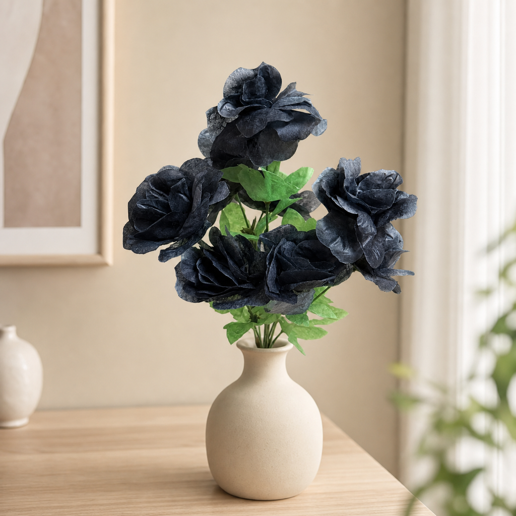 Black Rose artificial flower bunch styled in a vase