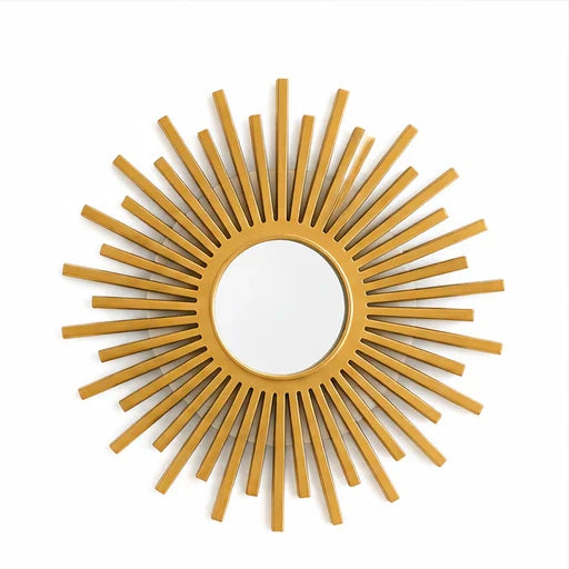 Gold matte sunburst decorative wall mirror on white background