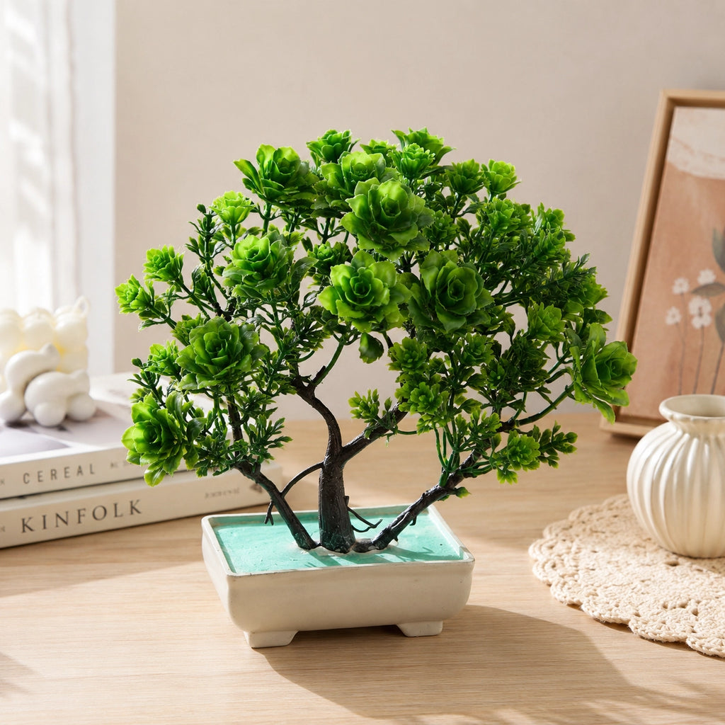 Green Artificial Bonsai Tree in White Planter – Pack of 2 lifestyle