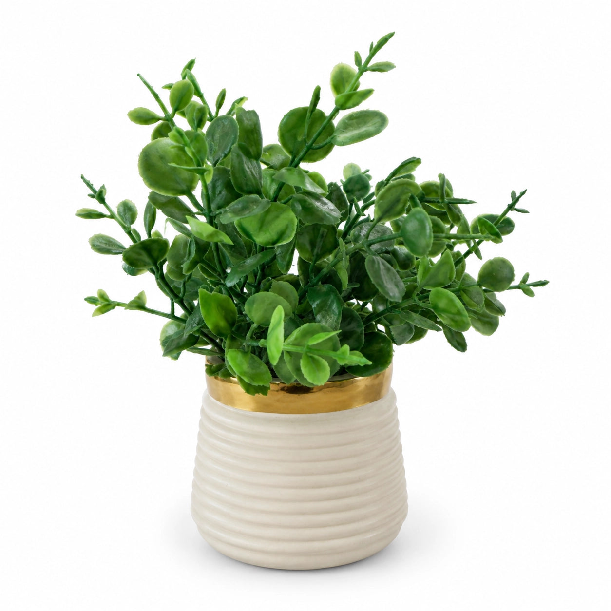 Artificial Round Green Leaf Plant in White Ribbed Pot – Pack of 2