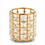 Crystal makeup brush holder with gold frame on white background