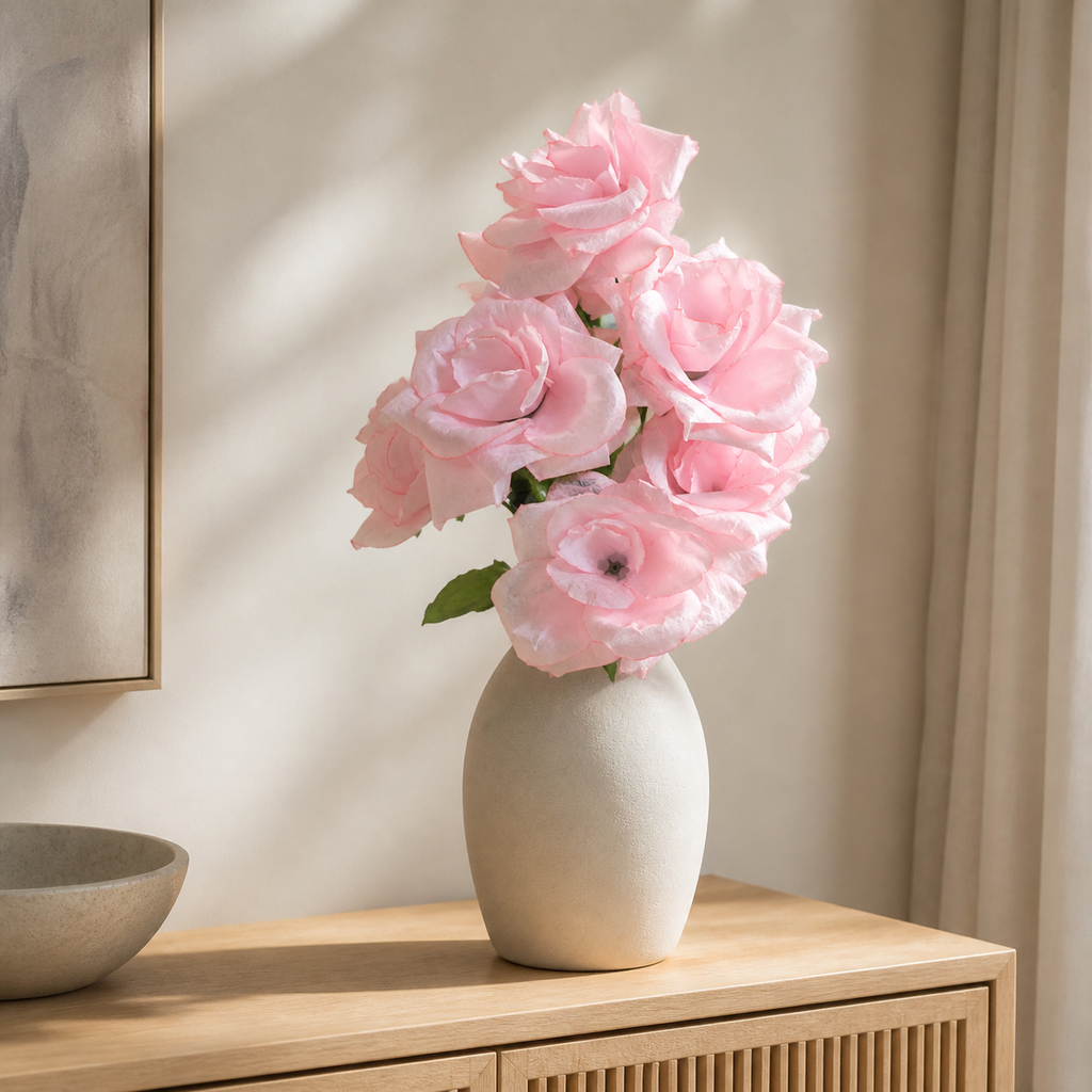 Pink Rose artificial flower bunch styled in a vase