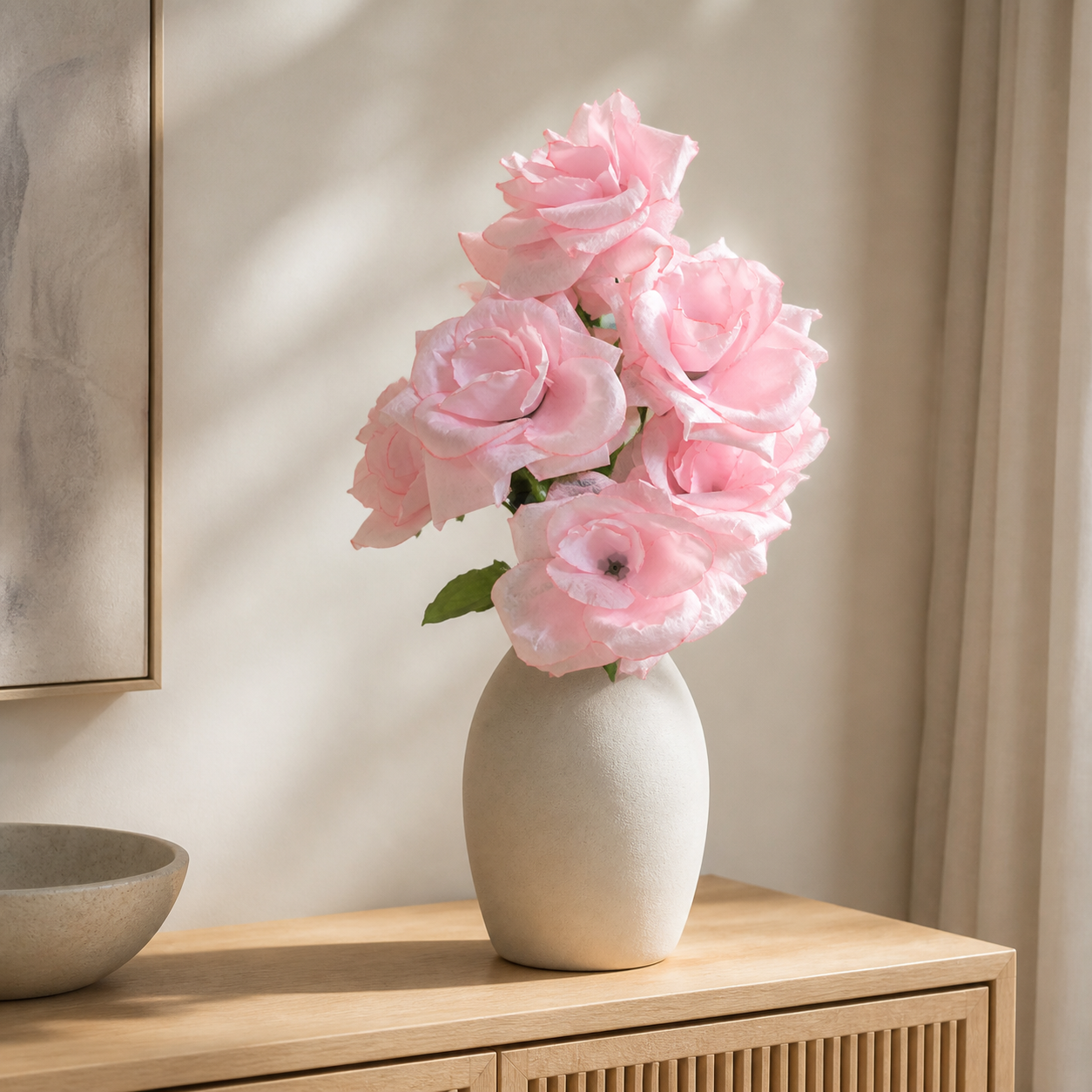 Pink Rose artificial flower bunch styled in a vase