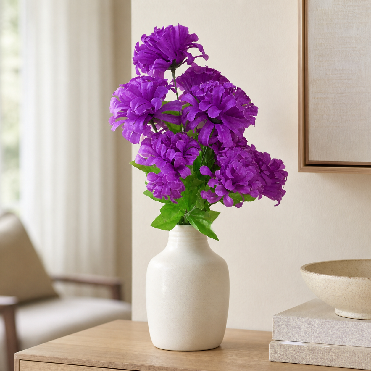 Purple Marigold artificial flower bunch styled in a vase