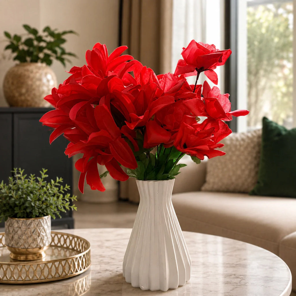 White Ribbed Ceramic-Style Vase lifestyle image with red artificial flowers