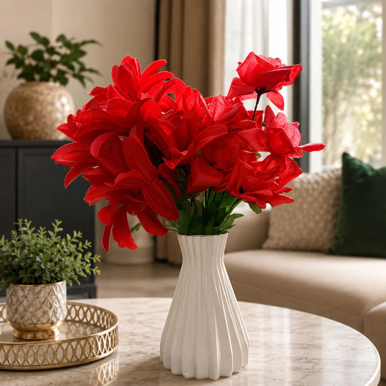 White Ribbed Ceramic-Style Vase lifestyle image with red artificial flowers