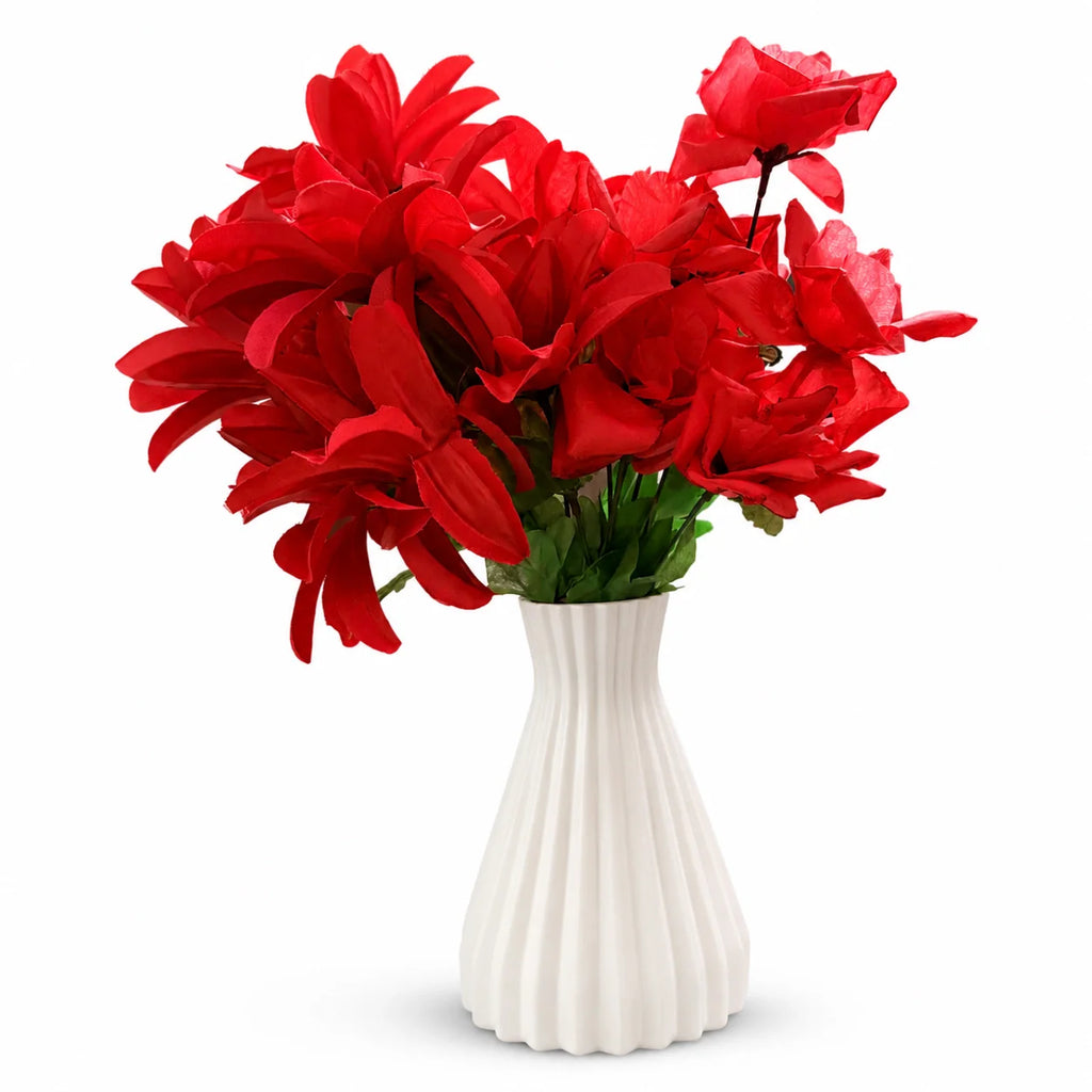 White Ribbed Ceramic-Style Vase styled with red artificial flowers
