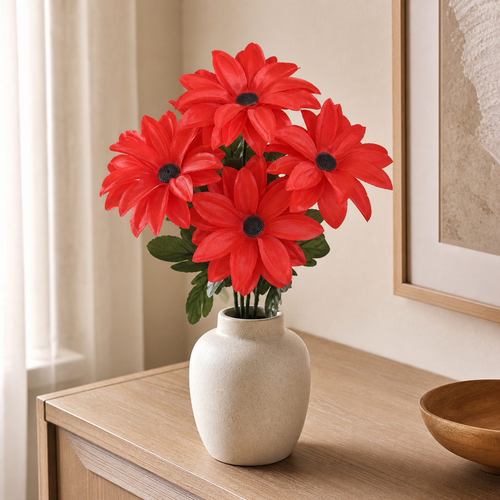 Red Sunflower artificial flower bunch styled in a vase