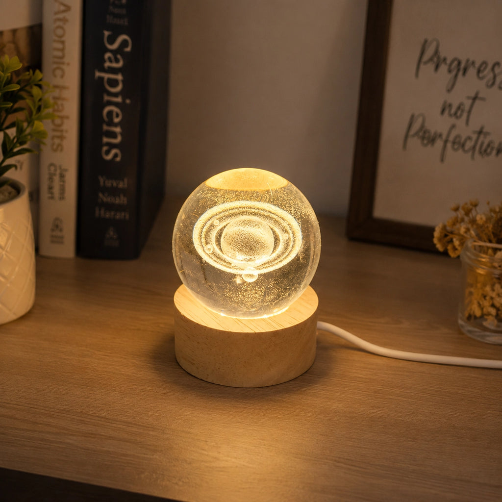 Saturn Crystal Ball Night Lamp with Wood Base lifestyle