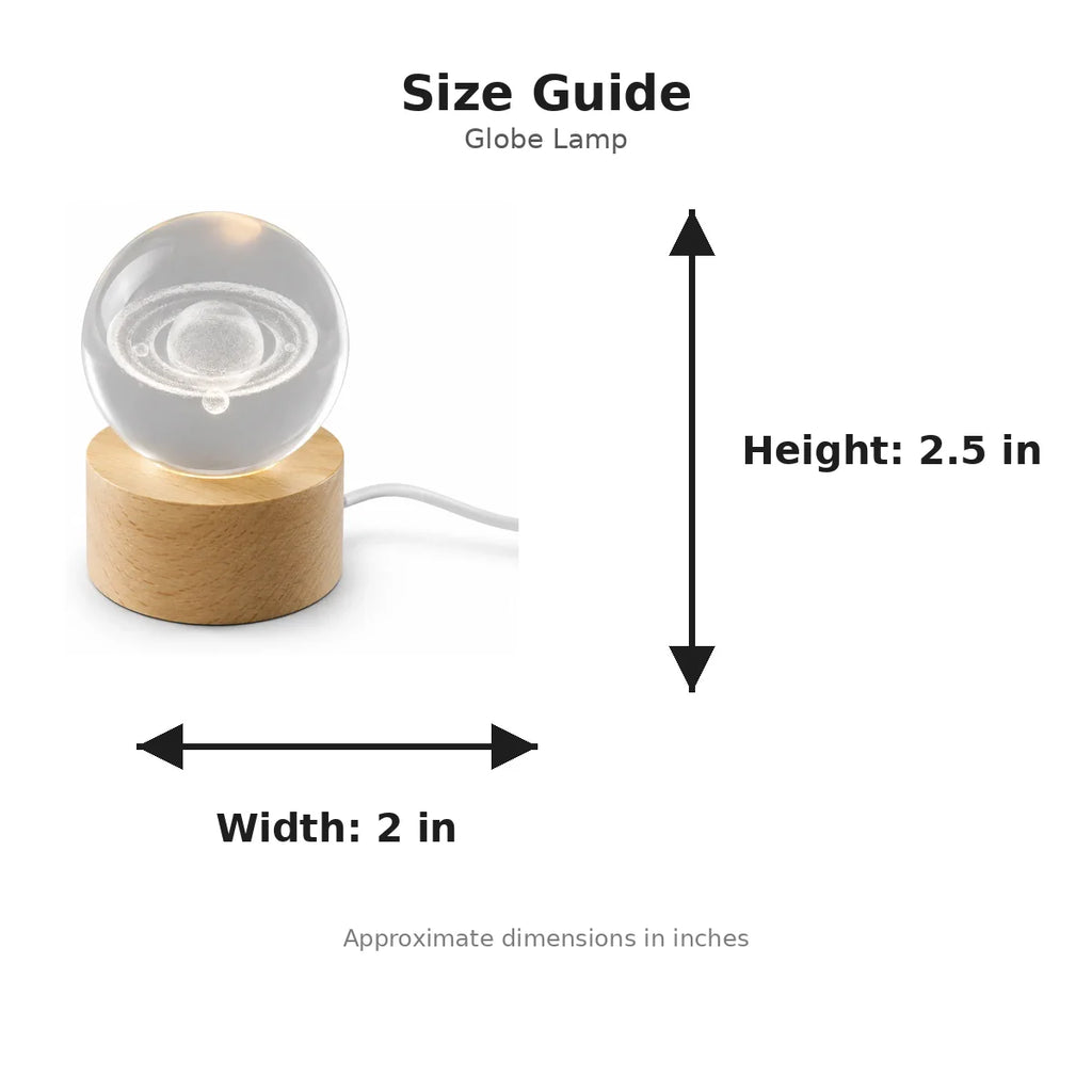 Saturn design crystal ball night lamp size guide — assorted design item