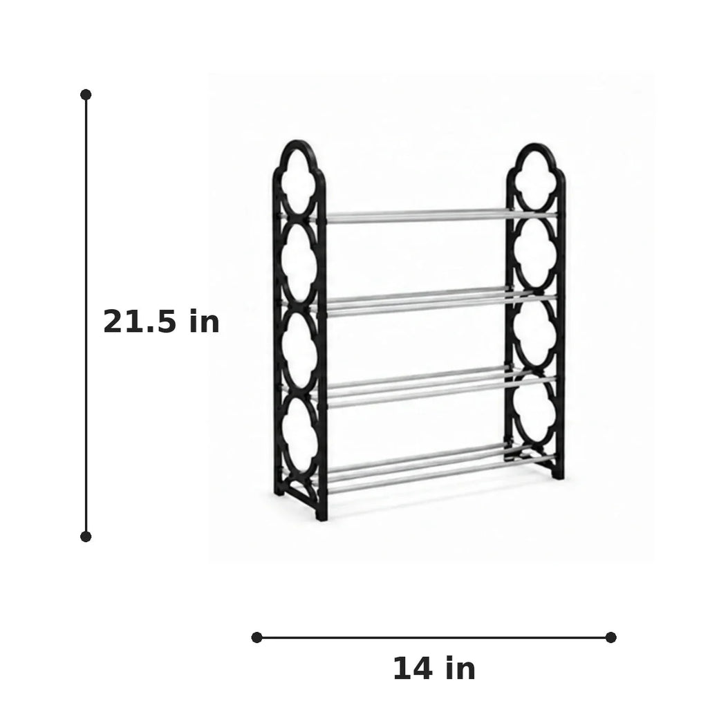 Four-tier shoe rack size chart showing 21.5 inch height and 14 inch width