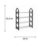 Four-tier shoe rack size chart showing 21.5 inch height and 14 inch width