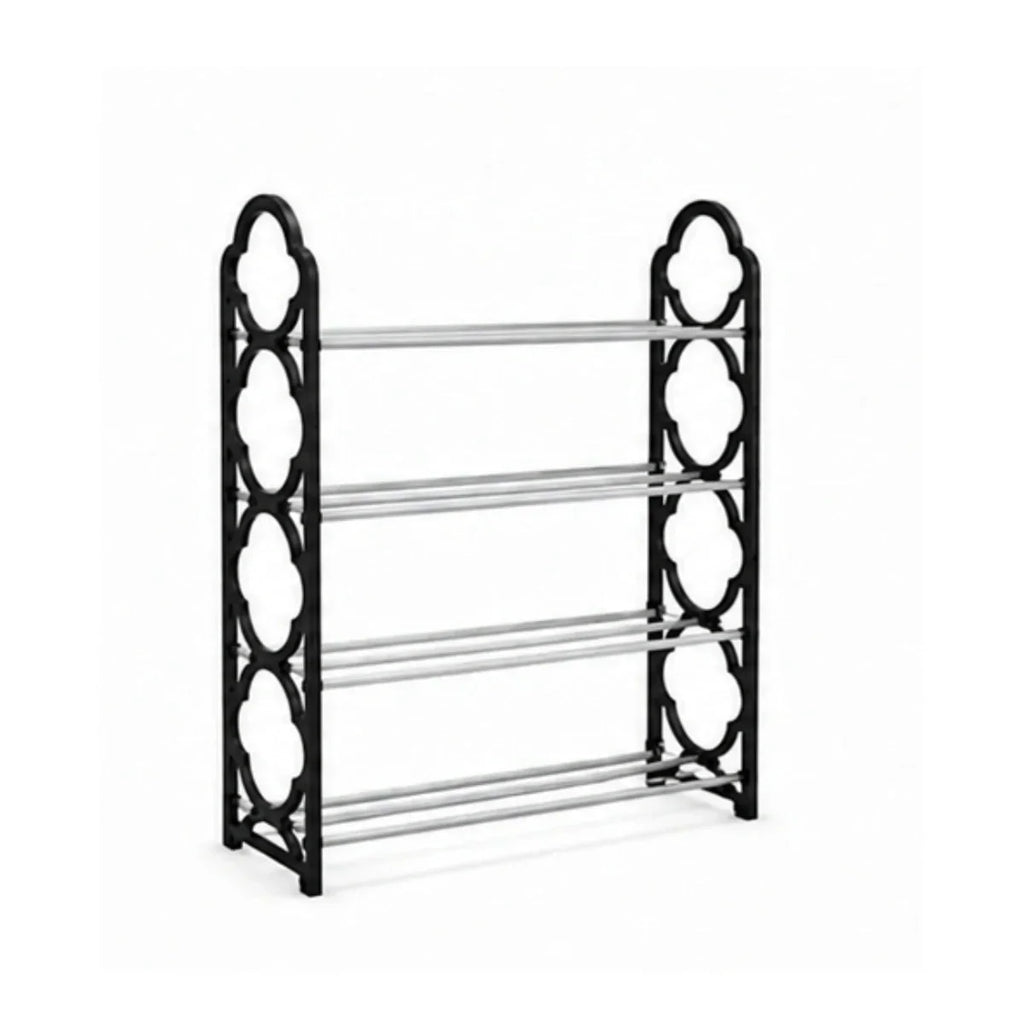 Four-tier black and silver shoe rack on a white background