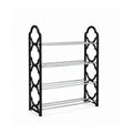 Four-tier black and silver shoe rack on a white background