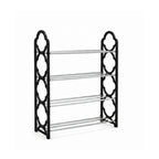 Four-tier black and silver shoe rack on a white background