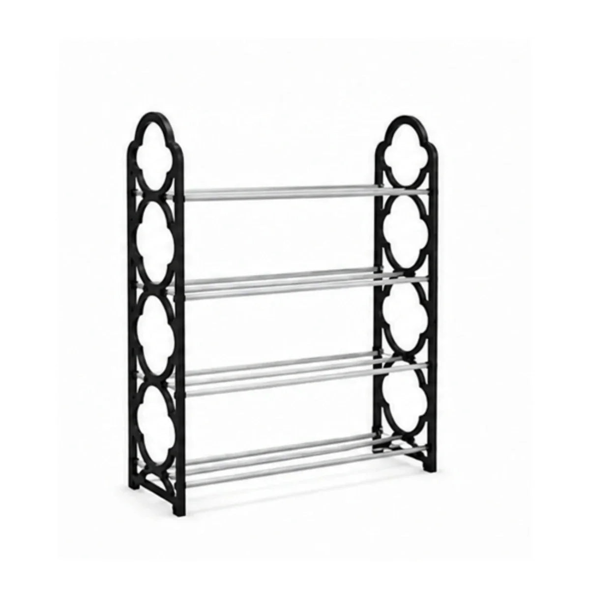 Four-tier black and silver shoe rack on a white background