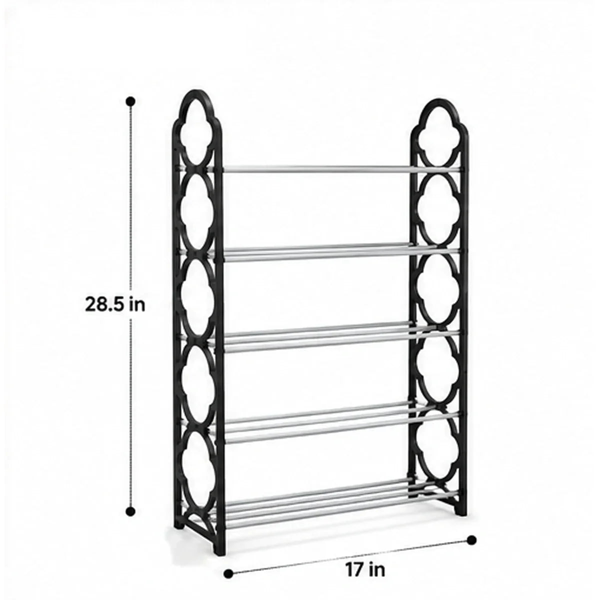 Five-tier shoe rack approximate size chart showing 28.5 inch height and 17 inch width