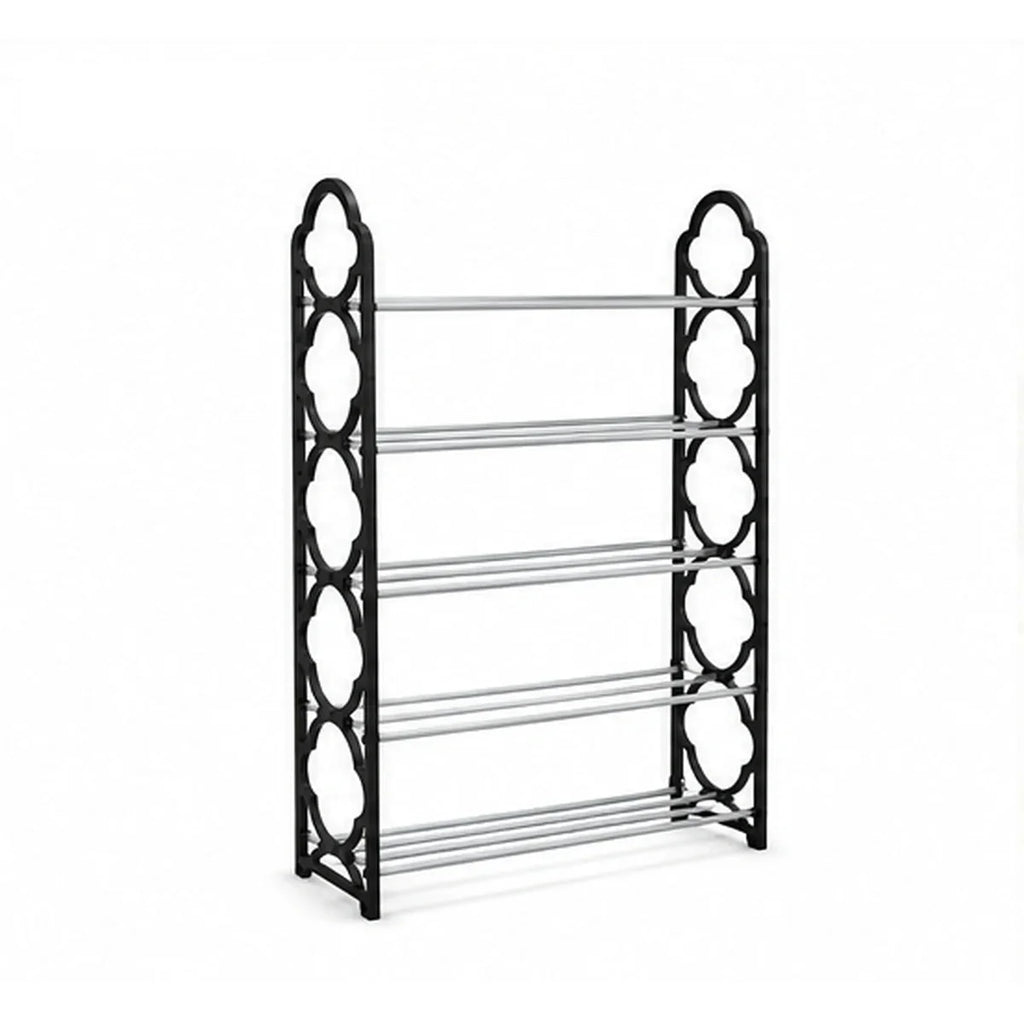 Five-tier black and silver shoe rack on a white background