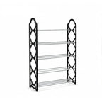Five-tier black and silver shoe rack on a white background