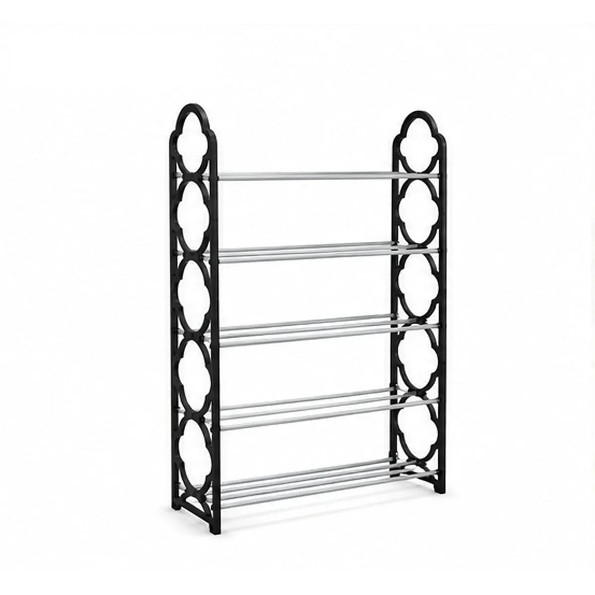 Five-tier black and silver shoe rack on a white background