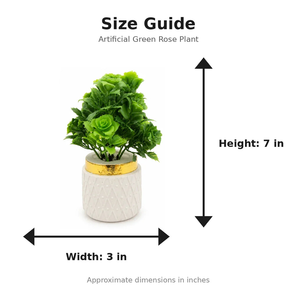 Artificial Green Rose Plant in White Gold Pot size guide - 7 x 3 inches