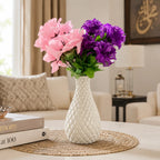 White Geometric Ceramic-Style Vase styled with artificial flowers