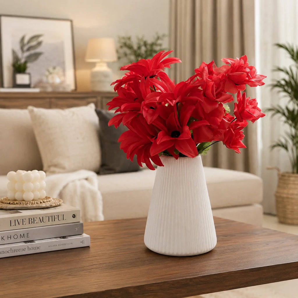 White Geometric Ceramic-Style Vase with flowers for home decor